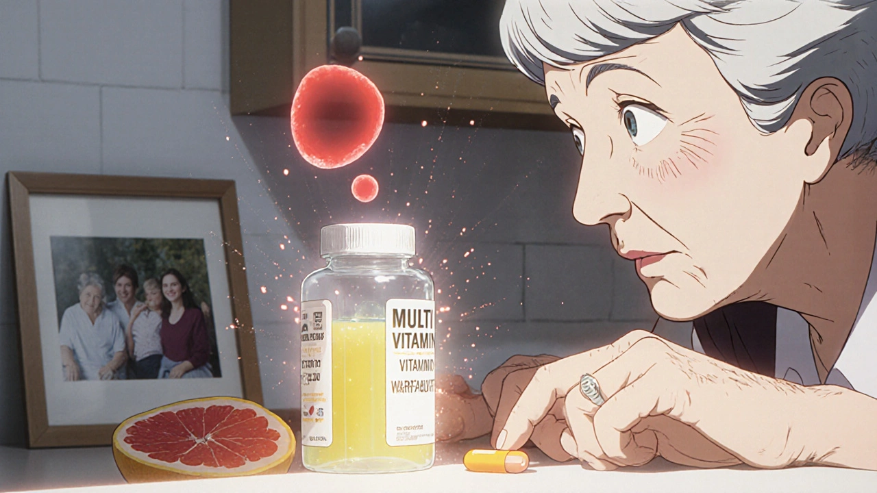 An elderly woman places a multivitamin next to her blood thinner, with a ghostly blood clot forming above it.