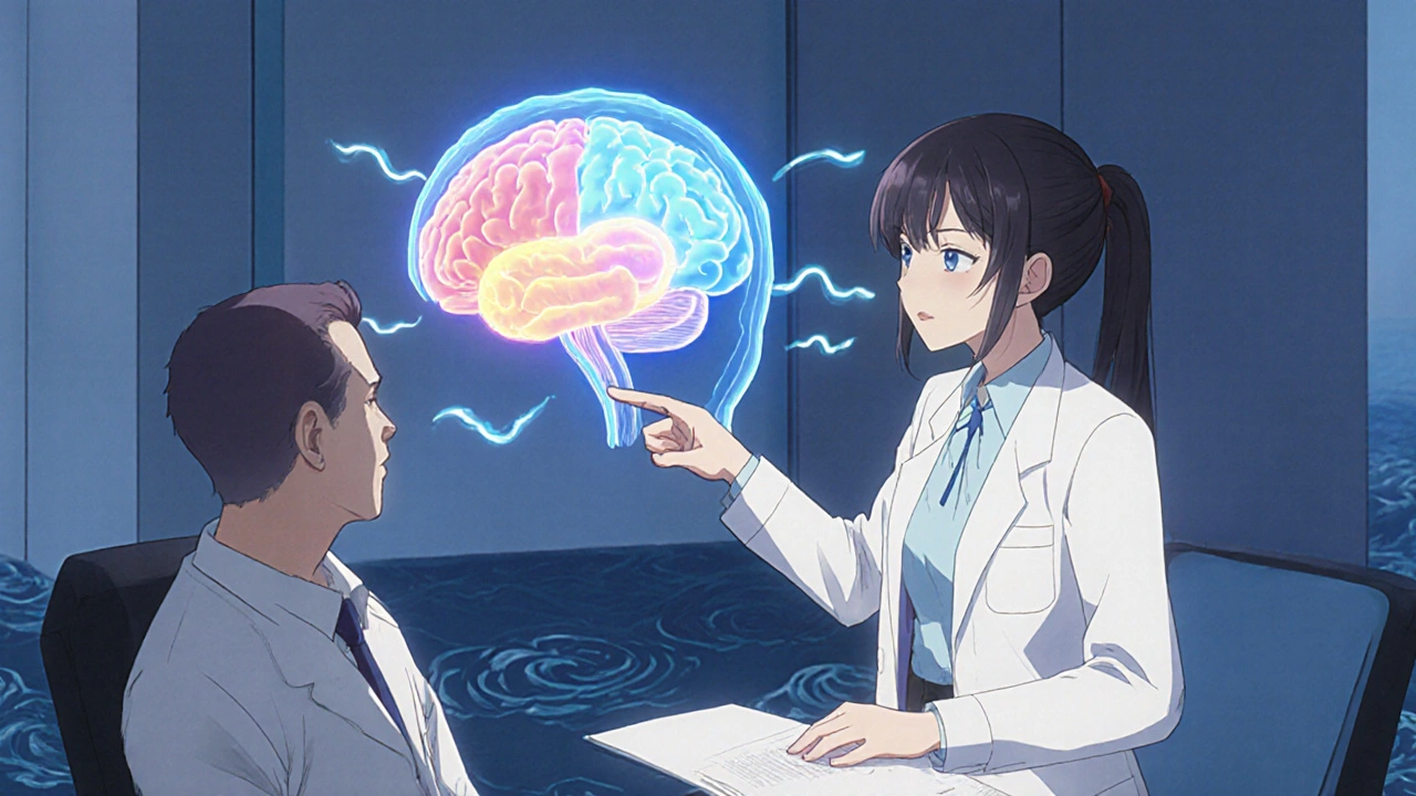 Audiologist and patient viewing a holographic brain model showing reduced fear responses to tinnitus.