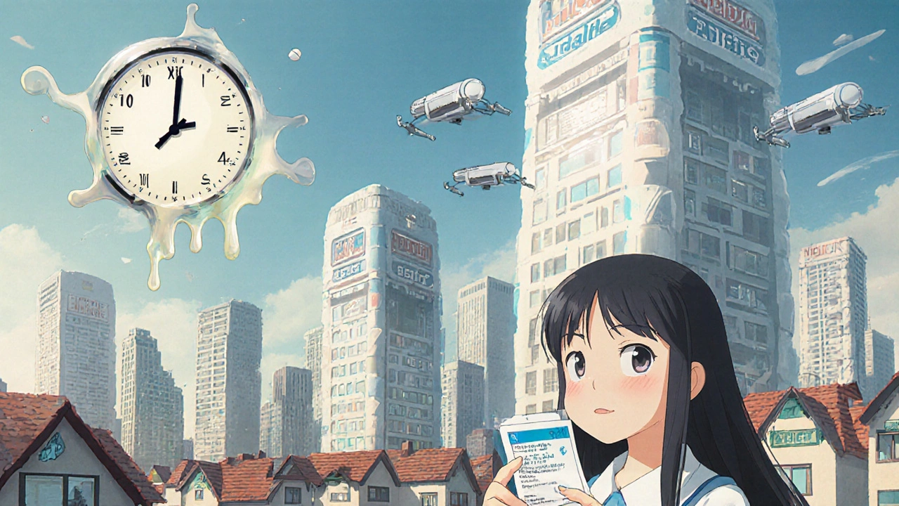 City of pill-shaped buildings casting shadows over clinics, a girl holding a prescription with dual timelines reflected in her eyes.