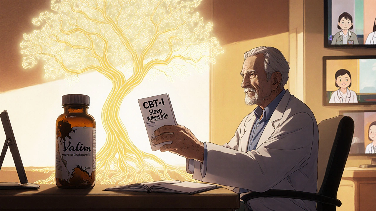 Doctor giving an elderly man a CBT-I brochure while a neural tree grows on the desk.