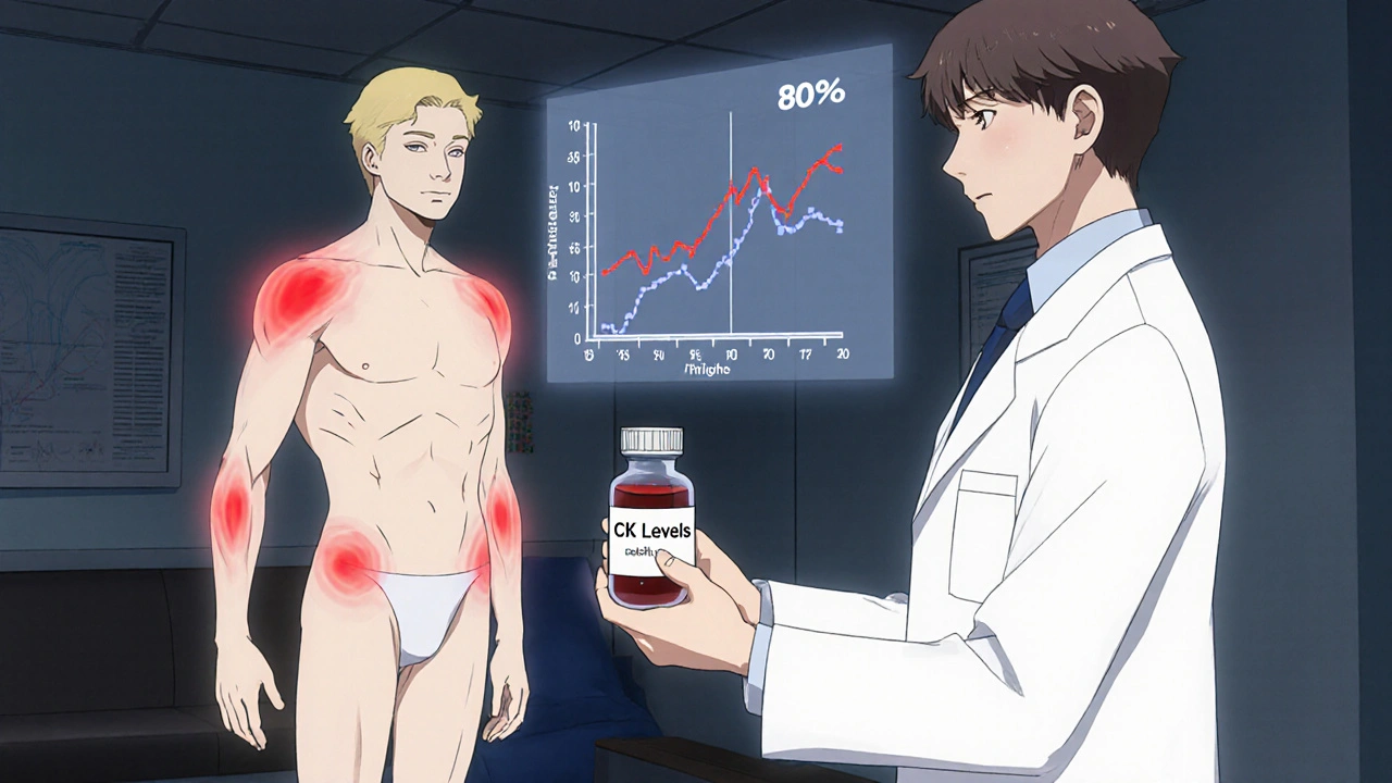 Doctor holding blood vial, patient with glowing muscle pain on one side, floating CK graph.