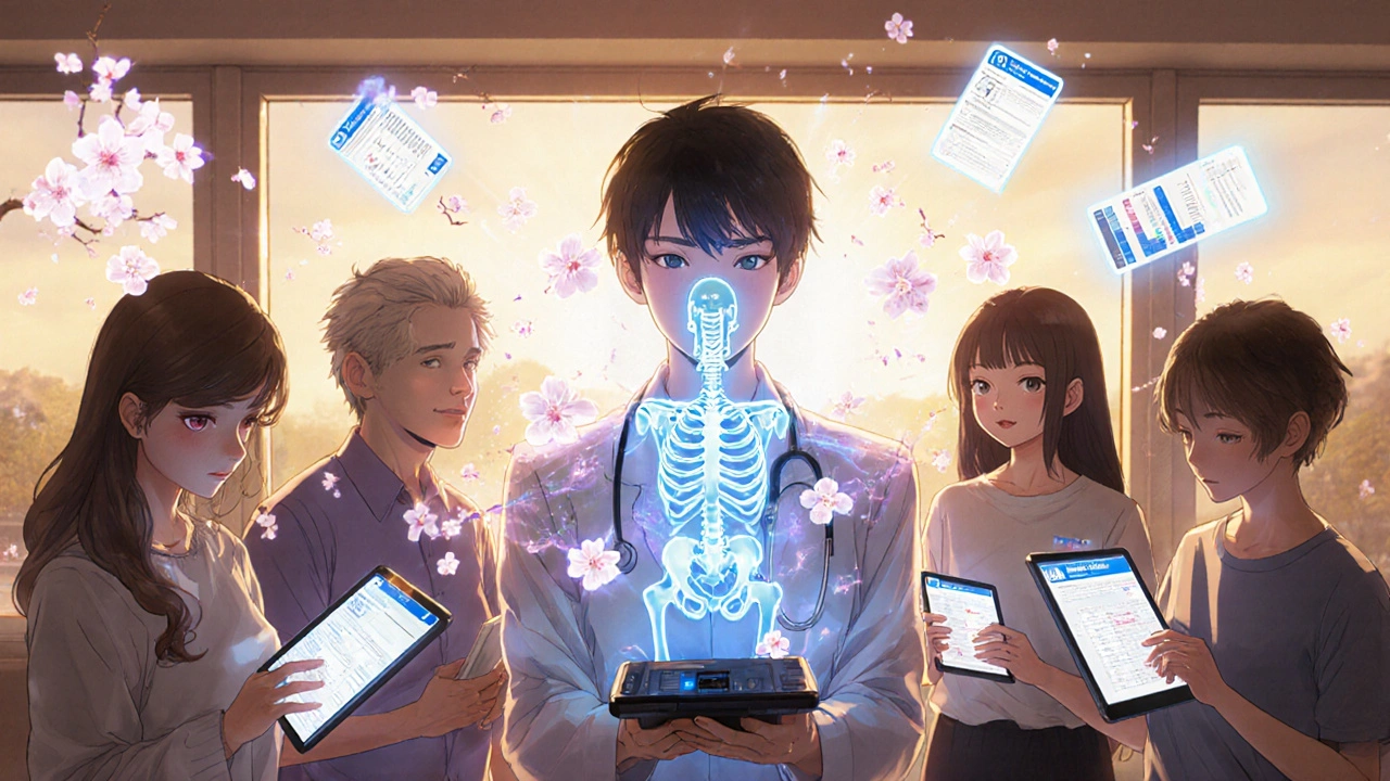 Doctor using a holographic scanner to show bone health data to patients in a modern clinic.