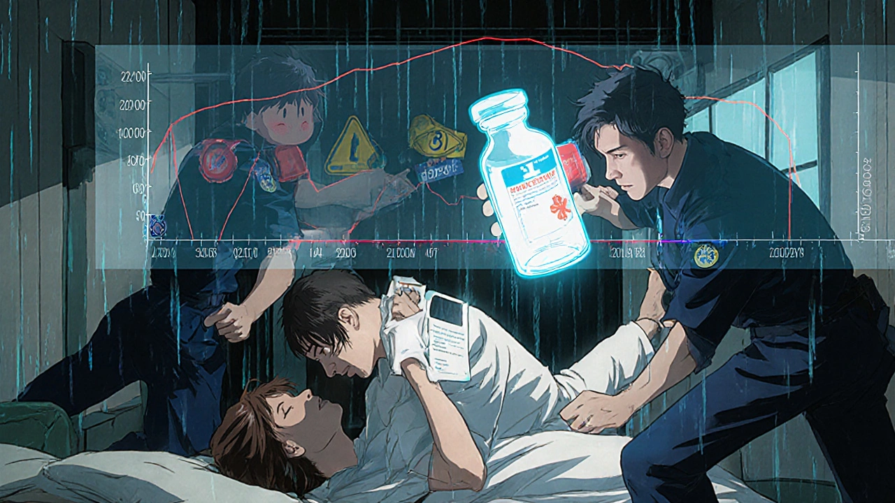 Emergency responders holding a steroid alert card as a glowing hydrocortisone vial hovers above a collapsed patient in a hospital.