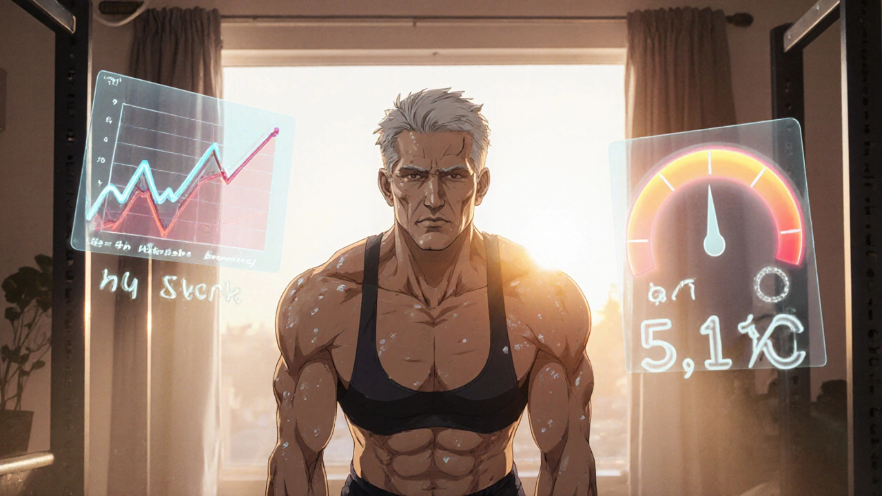 Man doing squats at home with floating health icons showing improved insulin and A1C levels.