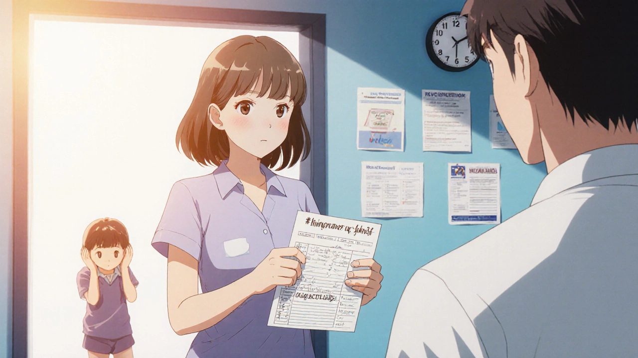 Mother holding behavior log in doctor’s office, child visible in background looking distressed.