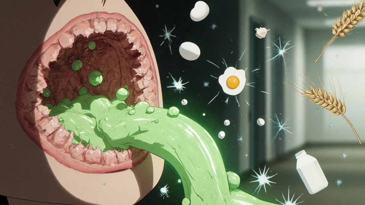 Patient swallowing medicated slurry as glowing particles heal a scarred esophagus.