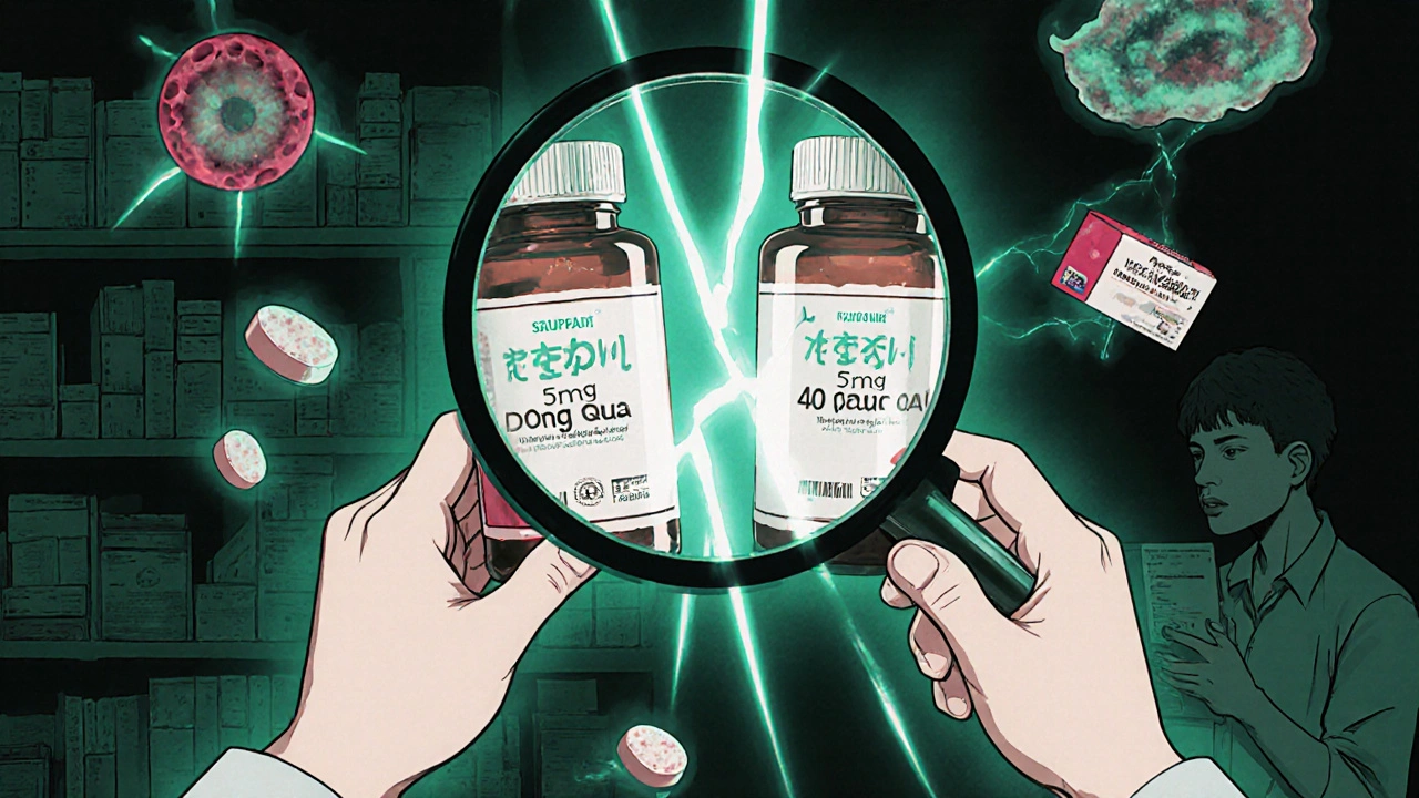 Pharmacist comparing two Dong Quai bottles with wildly different potency levels, platelets breaking apart.