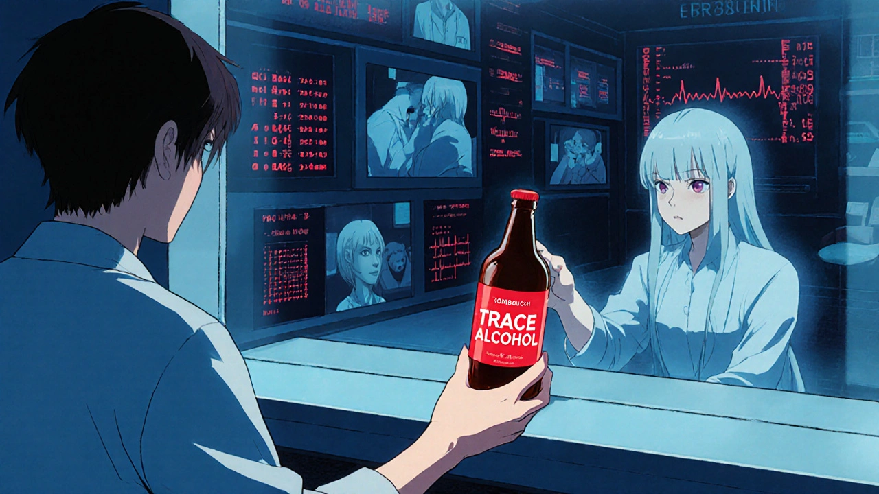 Pharmacist giving kombucha to customer whose reflection reveals dangerous medication interactions.