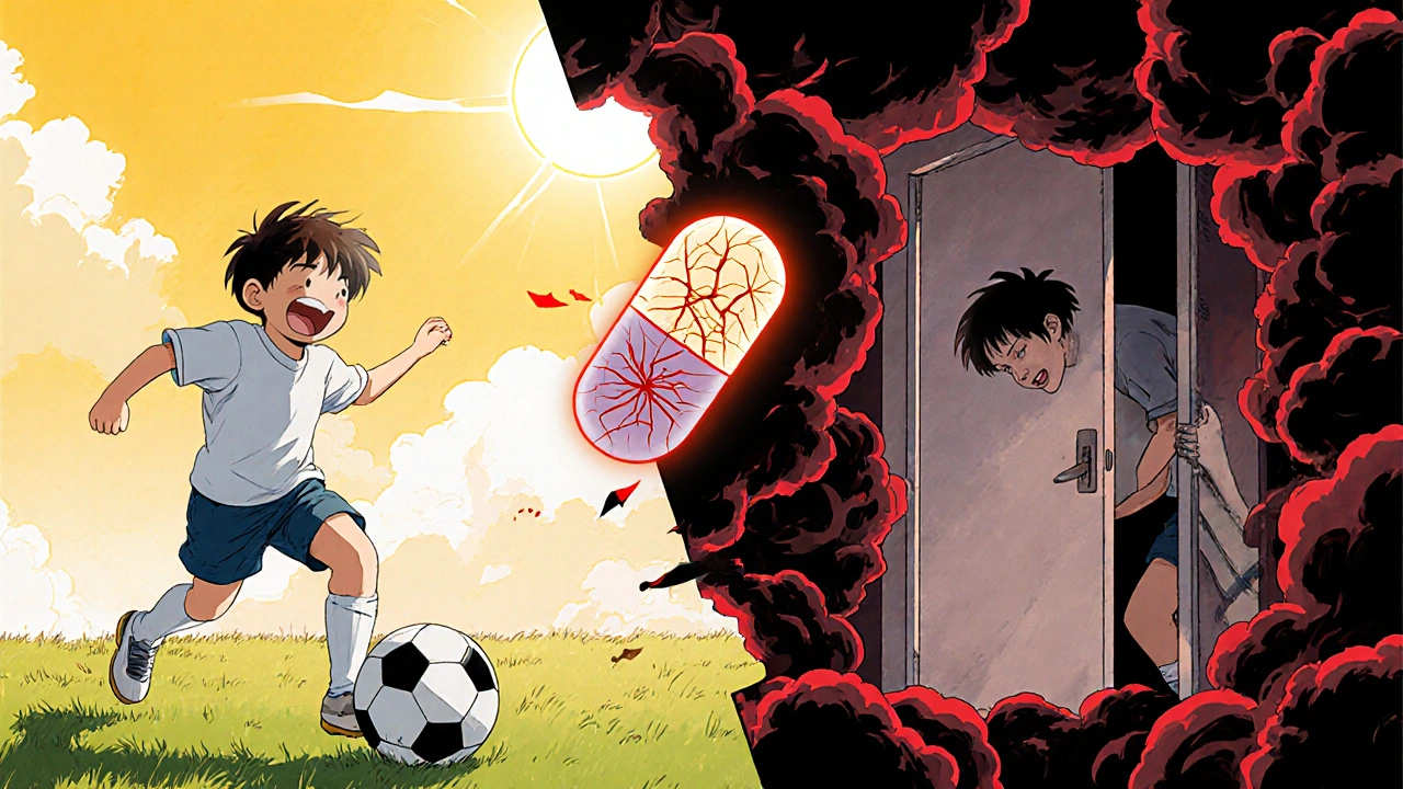 Split image of child laughing then screaming, with a cracked pill floating between scenes.