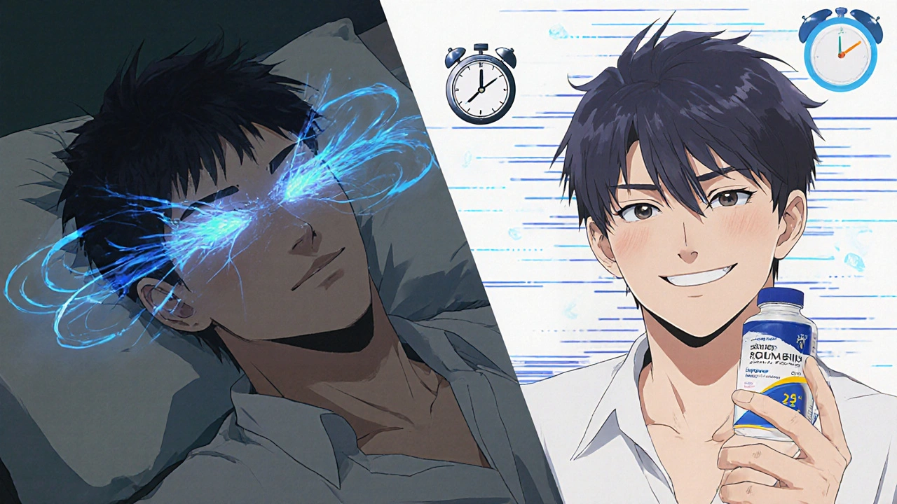 Split scene comparing Viagra&#039;s visual side effects to Levitra&#039;s clear vision and fast action.