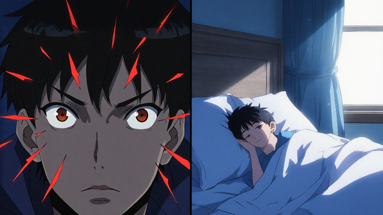 Split scene: left shows anxiety and loud tinnitus spikes, right shows peaceful sleep with gentle hum.