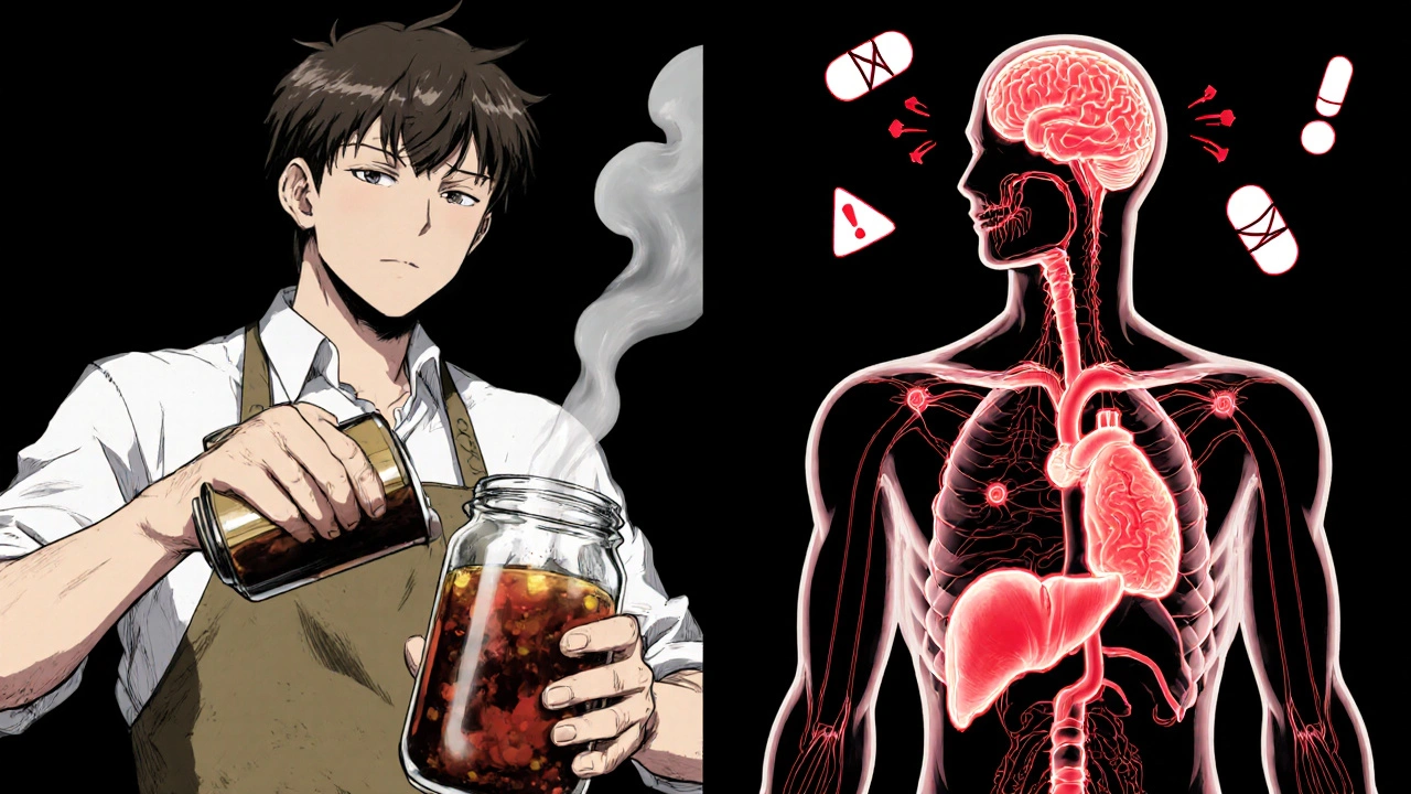 Split scene of homebrewed kombucha next to medical diagram showing alcohol affecting vital organs.