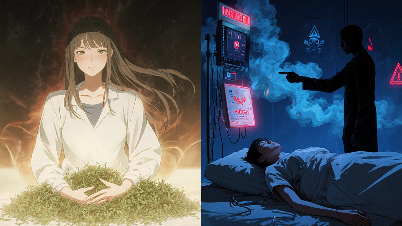 Split scene: peaceful herbal meditation vs. collapsed patient with critical INR warning in background.