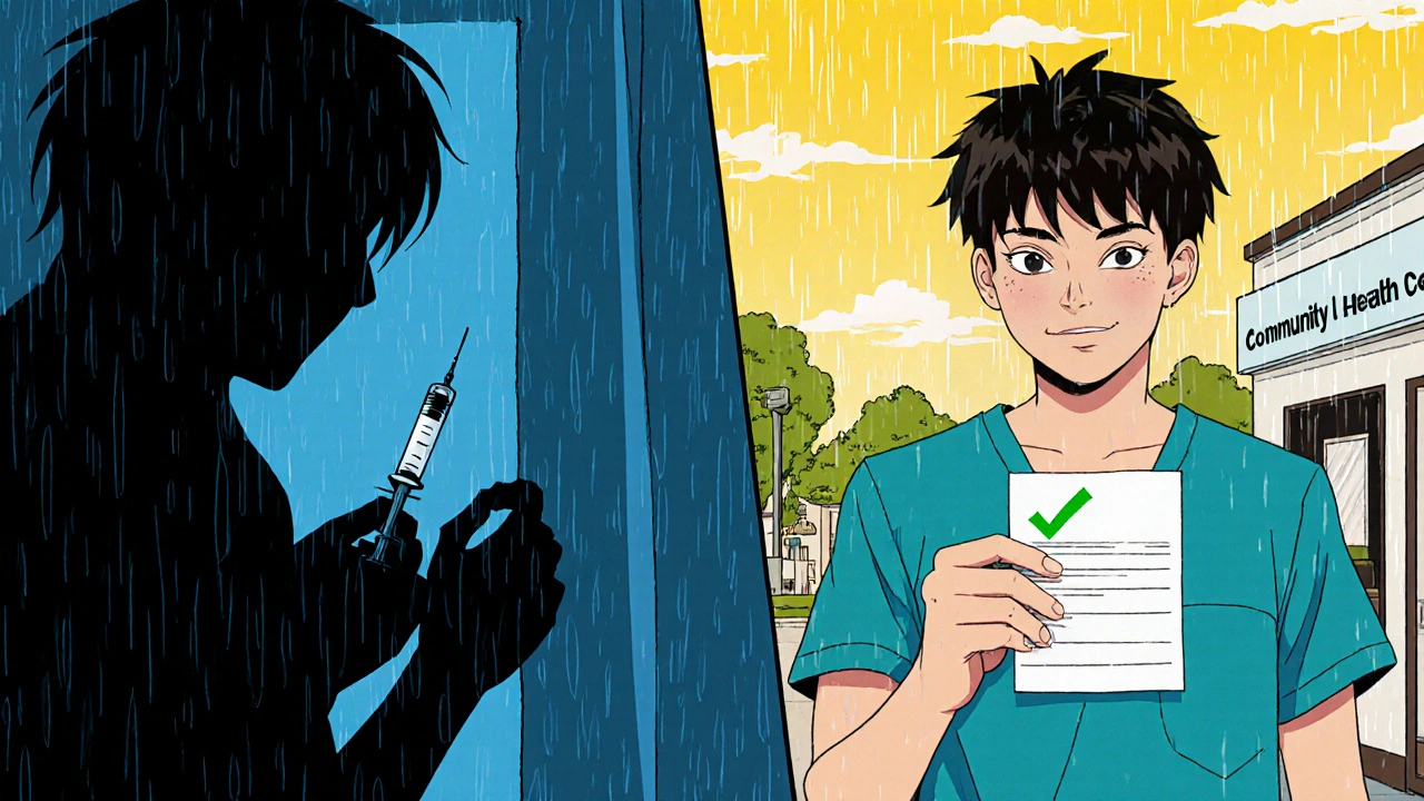 Split scene: person hiding vs. person receiving care, rain turning to sunshine.