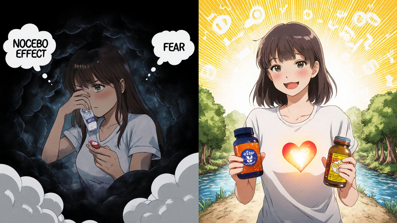 Split scene: woman in despair vs. same woman walking in sunlight with pill and heart symbol.