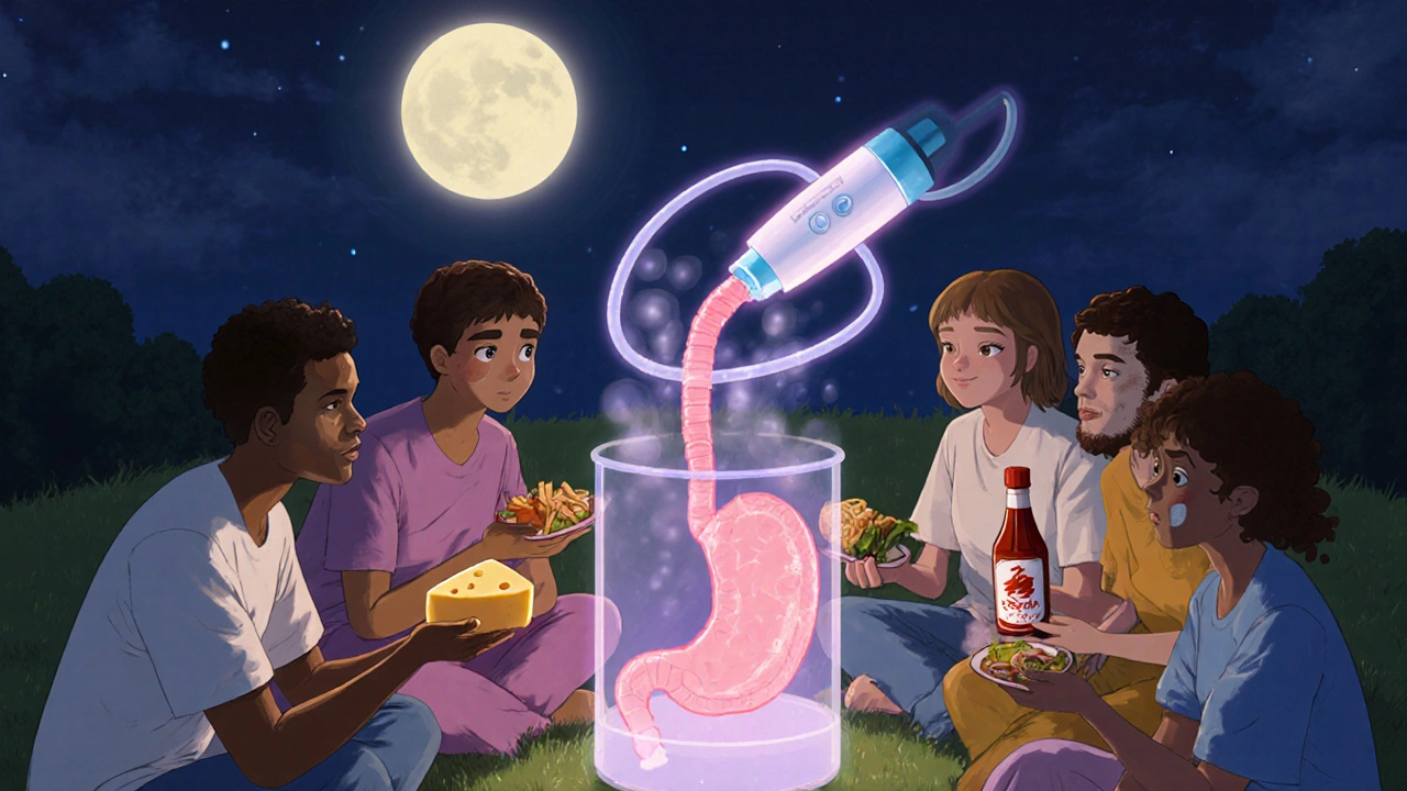 Support group with food items dissolving into mist, endoscope revealing healthy esophagus.