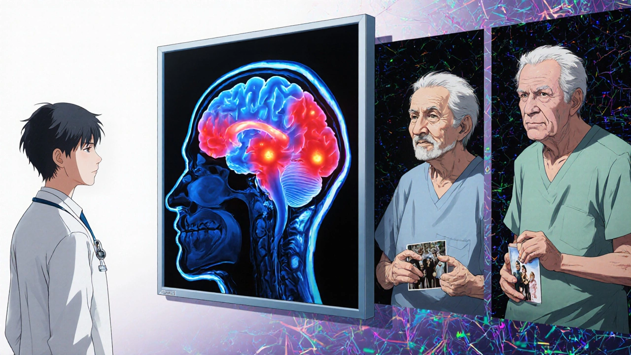 Three elderly patients showing delirium symptoms, with a doctor viewing a brain scan showing antibiotic penetration into the brain.