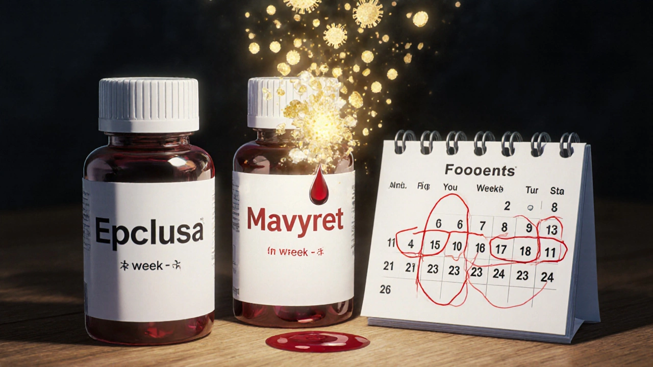 Three hepatitis C medication bottles beside a calendar, virus dissolving into light.