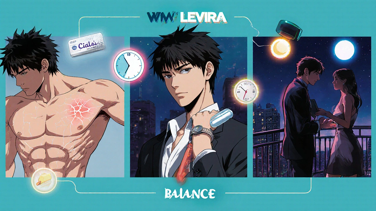 Three men representing different ED medications, with icons showing speed, duration, and side effects.