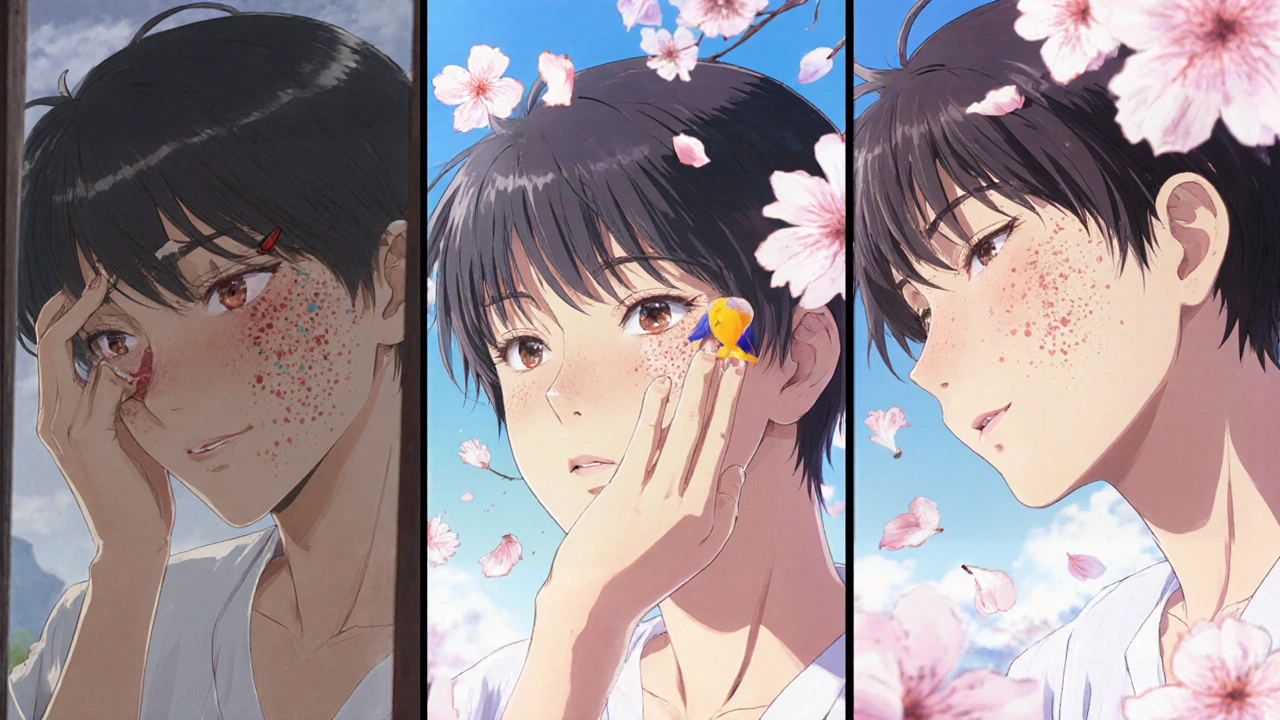 Three-panel transformation: sad reflection, applying skincare, glowing skin with cherry blossoms, anime style.