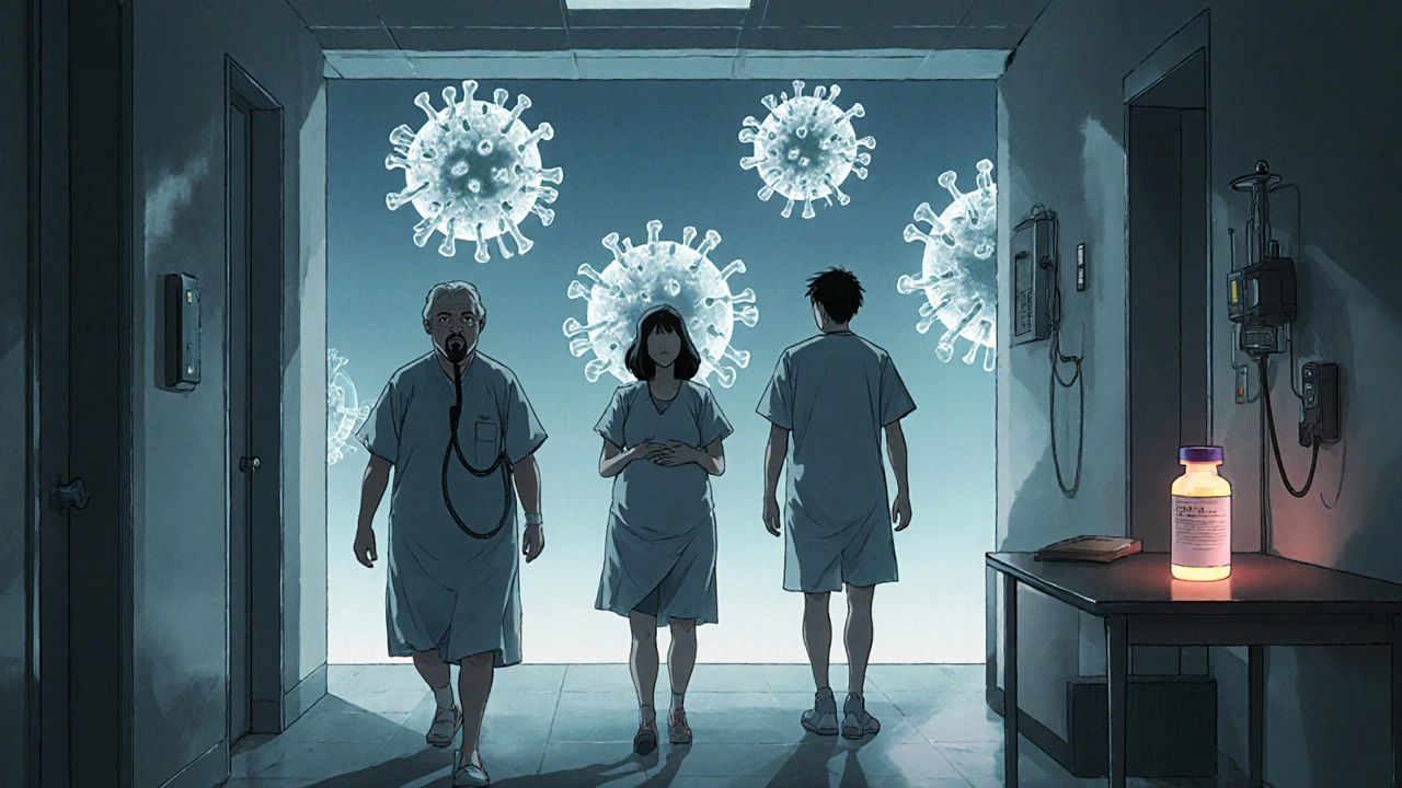 Three patients walking out of a hospital under fluorescent lights, giant influenza viruses looming behind them, a vaccine vial glowing warmly nearby.