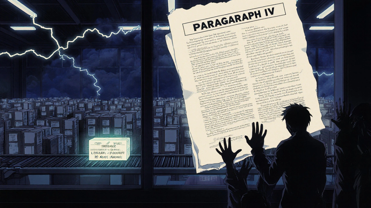 Warehouse with generic drug boxes, one glowing box labeled &#039;First Filer&#039; as patients reach through a window.