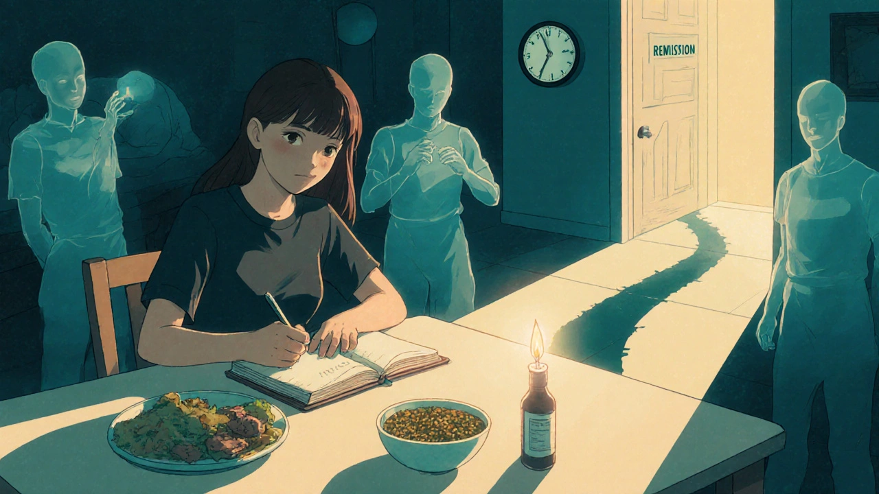 Woman journaling at night with translucent memories fading as a candle lights a path to remission.