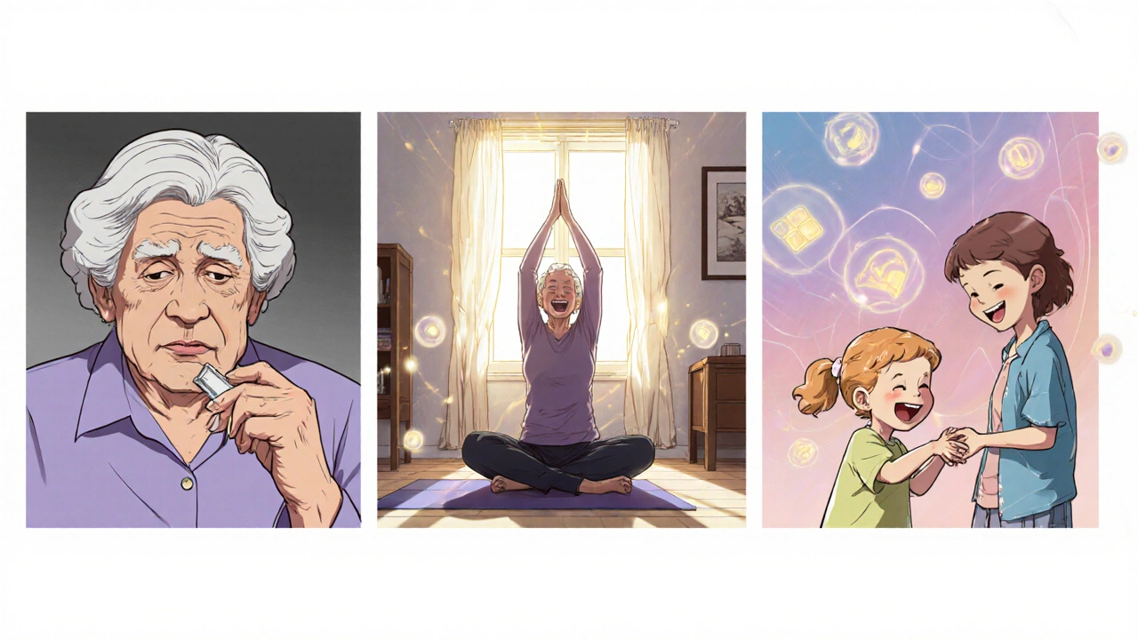 Woman tapering off pills, practicing yoga, then laughing with granddaughter as memories return.