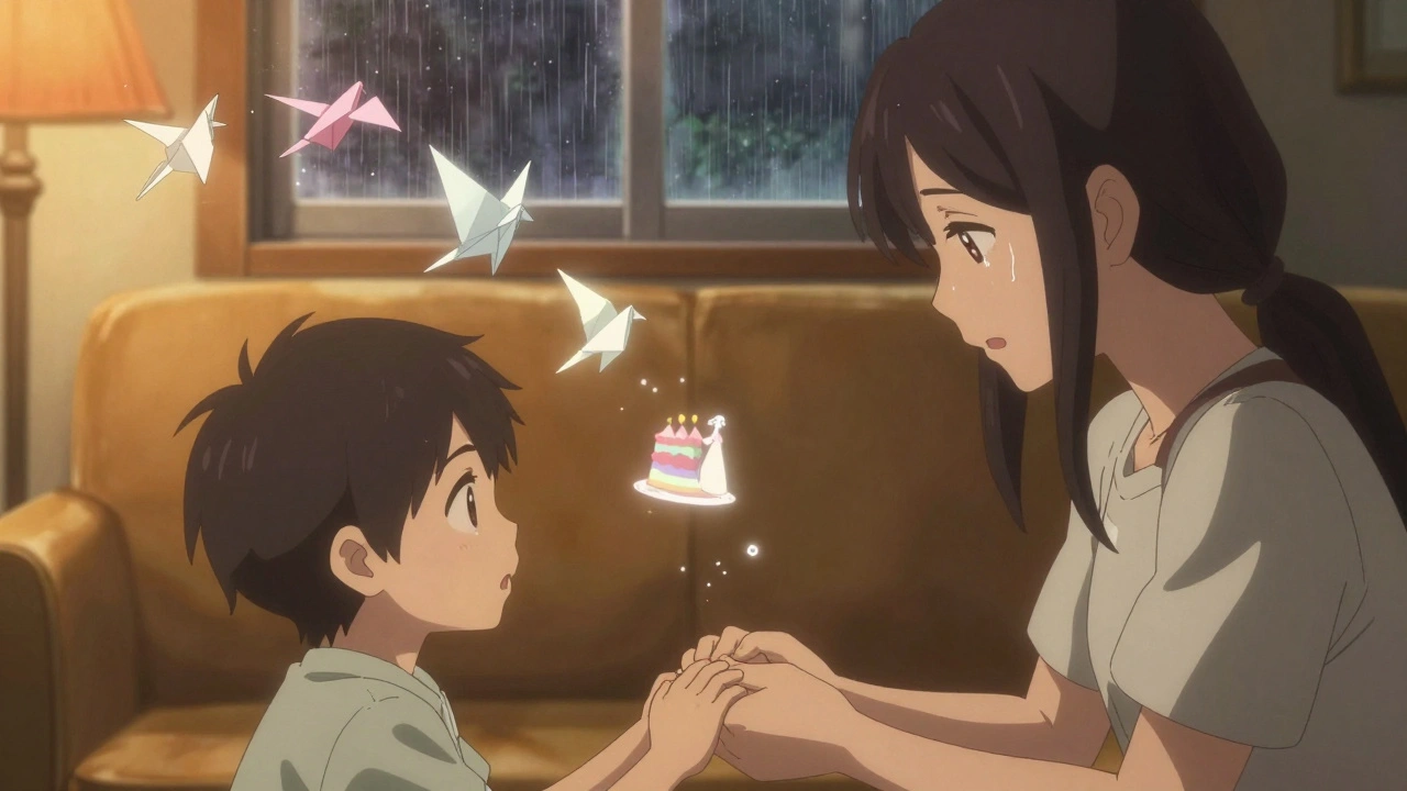 A caregiver reads to a loved one as fading memories float away like origami birds in warm light.