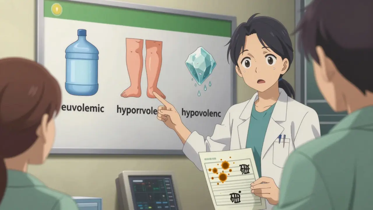 A dietitian explains sodium imbalance types to a CKD patient using an animated chart in a clinic.