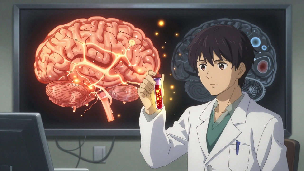 A doctor holds a glowing blood vial while a patient&#039;s healthy and damaged brain are shown side by side.