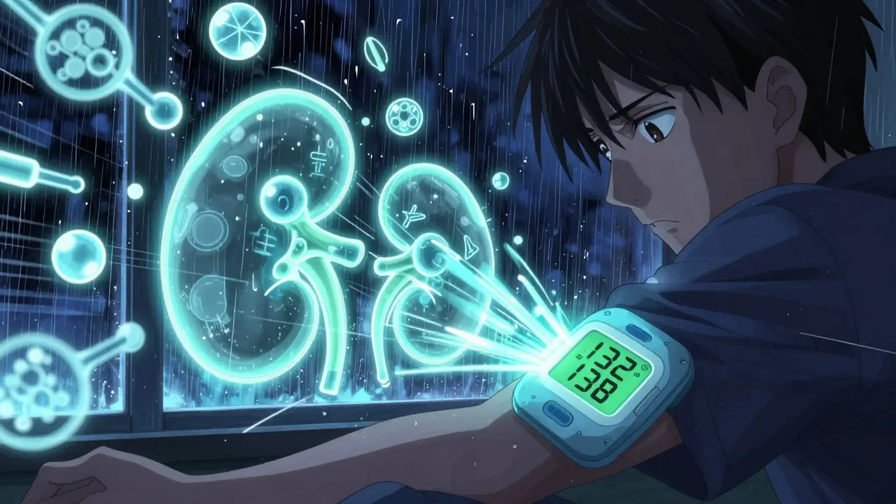 A glowing sodium patch on an arm displays changing levels as medical symbols swirl around it.