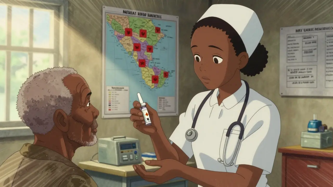 A Nigerian nurse gives a rapid HIV test to an elderly patient in a rural clinic.