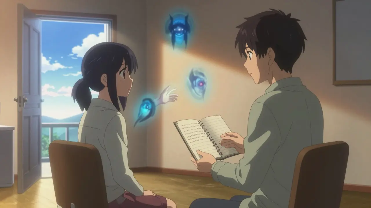 A patient and therapist reviewing a rewritten nightmare, fading fears dissolving into hope.