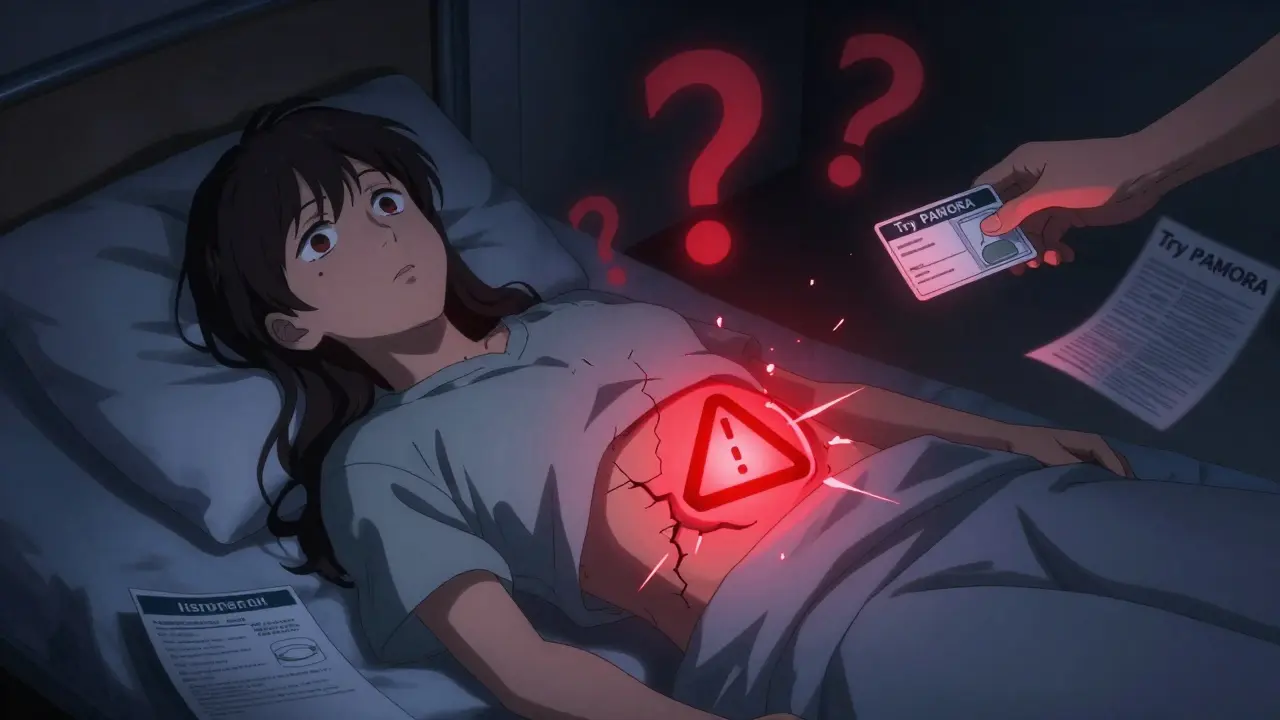 A patient at night with a warning symbol above their abdomen, representing risk of gastrointestinal perforation.