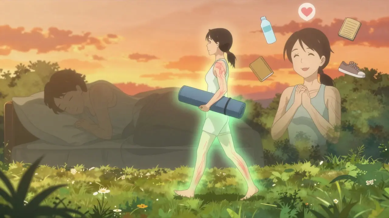 A person walking in a park as fading pain lines turn into calming green energy, contrasting with a shadow of their former self.