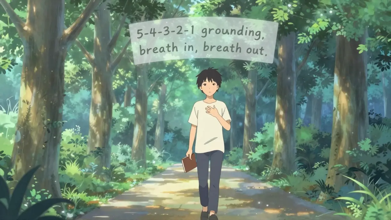 A person walks peacefully in a park at dawn, holding a journal, with calming mindfulness cues floating around them.