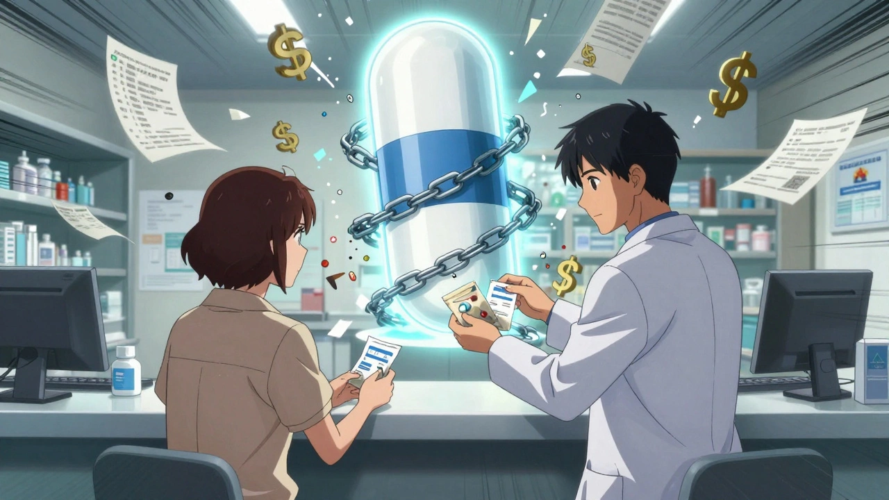 A pharmacist gives generic pills as a giant branded pill is chained and breaking apart in the background.