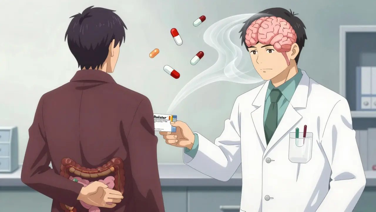 A pharmacist giving a prescription for an OIC medication, with visual representation of opioid effects on gut vs. brain.