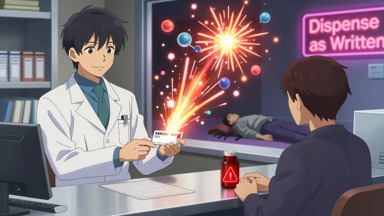 A pharmacist handing a prescription while surreal drug molecules explode in the background.