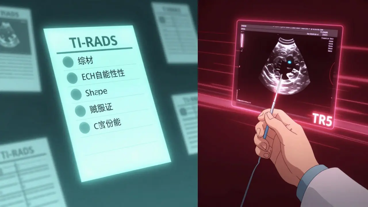 A TI-RADS risk score visualized as a glowing chart, with ultrasound-guided biopsy needles and digital data overlays in anime style.