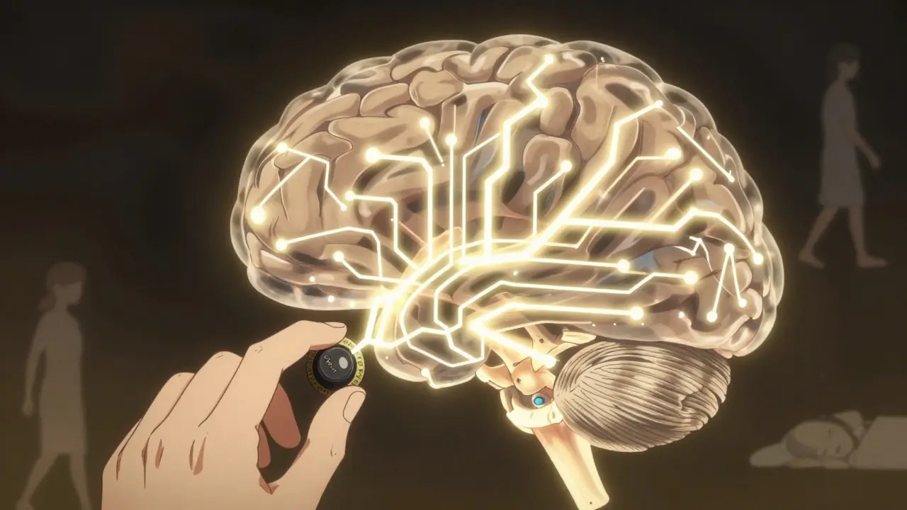 A transparent brain with electric pain signals being calmed by a turning volume knob, symbolizing nerve regulation.