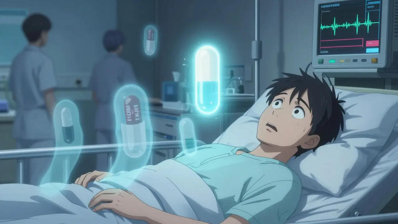 A transplant patient surrounded by floating pills of varying potency in a hospital room.