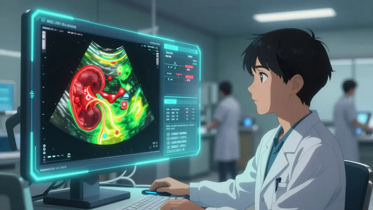 AI hologram analyzing kidney tissue stiffness and microvessels during advanced ultrasound scan in a modern medical setting.