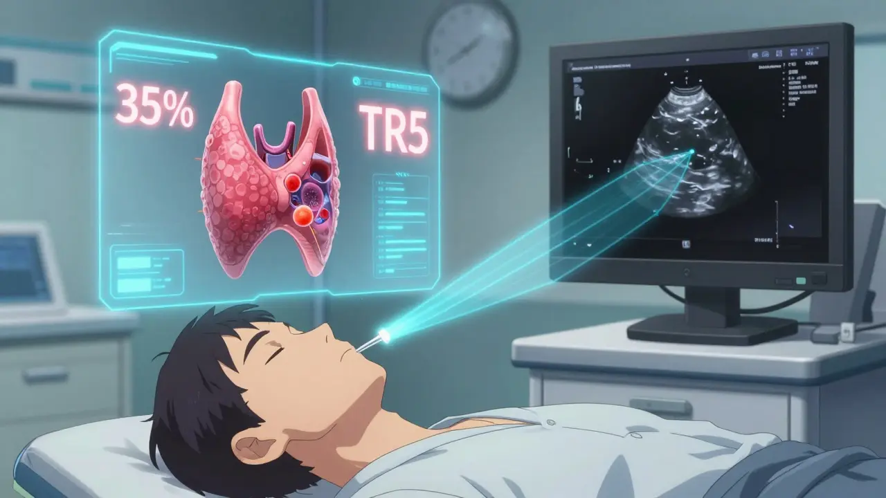 An AI-powered thyroid risk analysis projected over a patient's neck, showing a 35% cancer risk with medical tech overlays in Madhouse anime style.