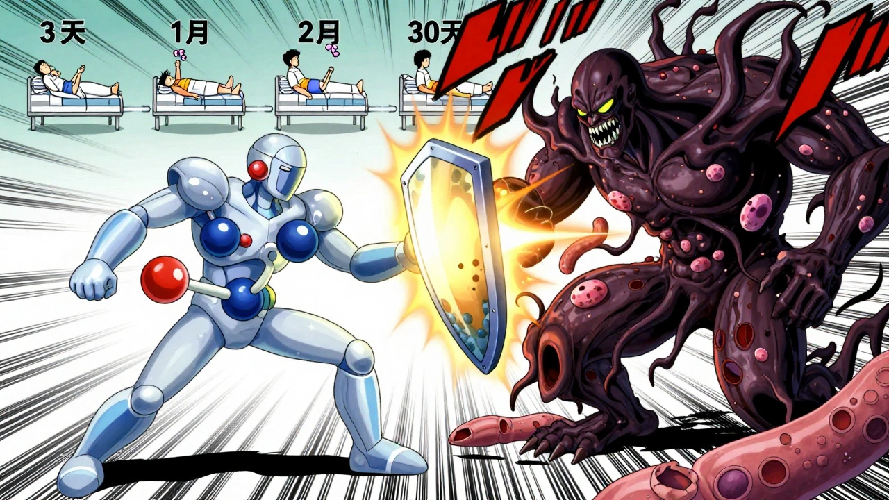 Antibiotic warrior fighting nephrotoxicity monster as polyaspartic acid shield protects kidney cells.