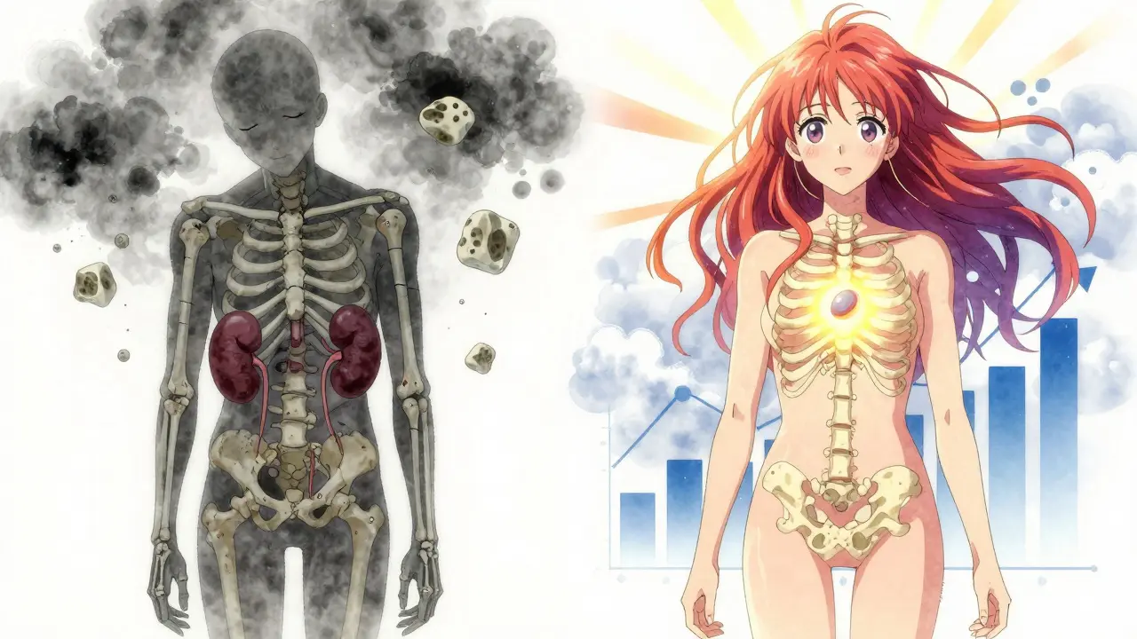 Before-and-after: tired, fractured figure transforms into vibrant, healthy person with rising bone density.