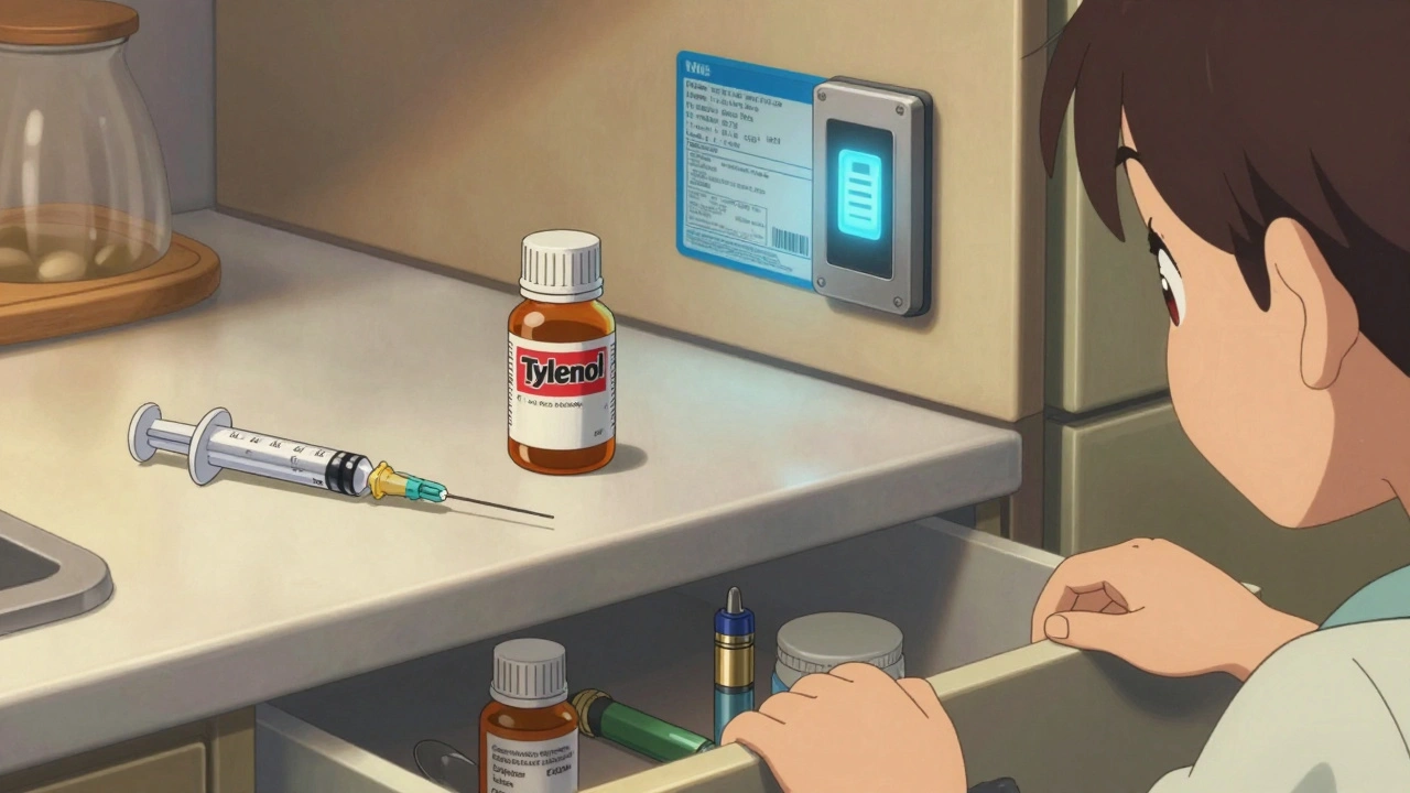 Child&#039;s eye view of unsafe medicine storage with syringe and vape pen on counter