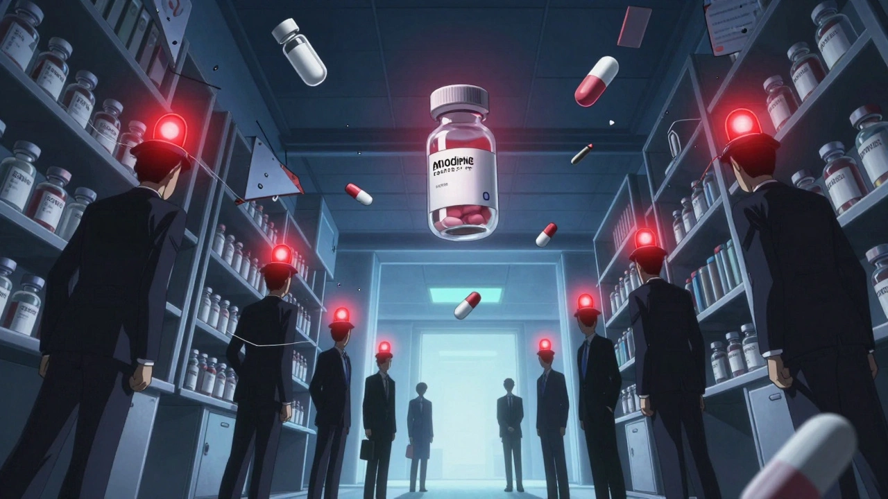 Chinese drug auction with collapsing supply chains and a falling pill amid warning lights and shattered shelves.