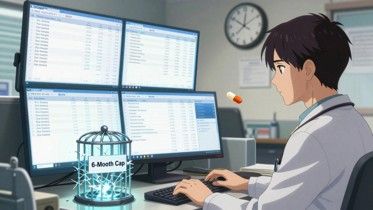 Doctor overwhelmed by multiple state PDMP screens and a buprenorphine pill trapped in a glass cage.